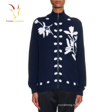 Women flower intarsia knit cashmere cardigan sweater with zipper